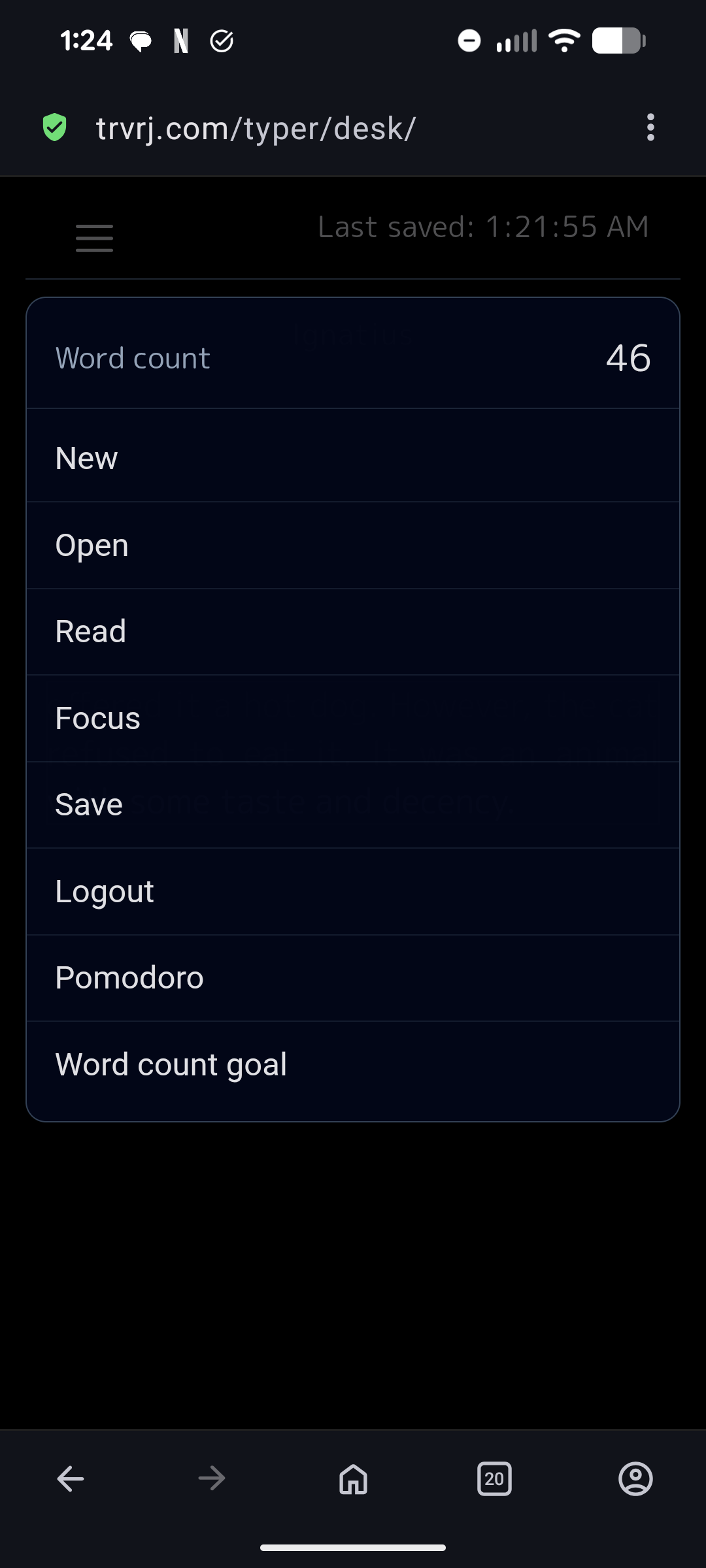Typer mobile menu screenshot